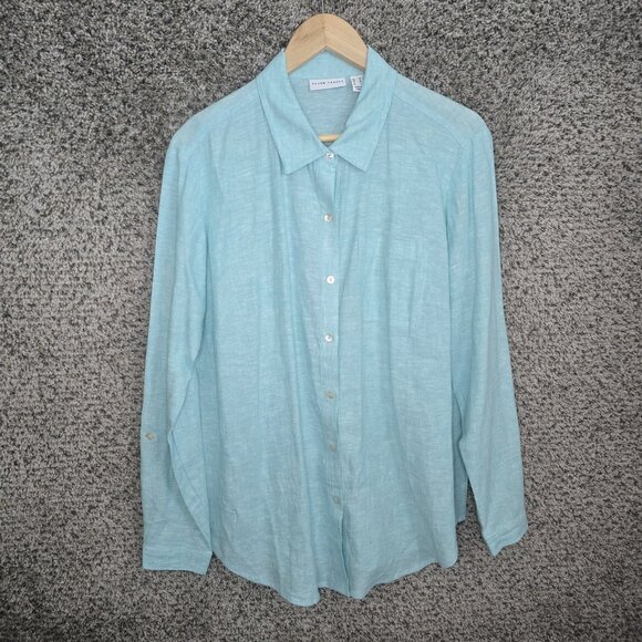 Susan Graver Top Womens Medium Blue Linen Blend Button Up Roll Tab Sleeve Ladies - Picture 1 of 7